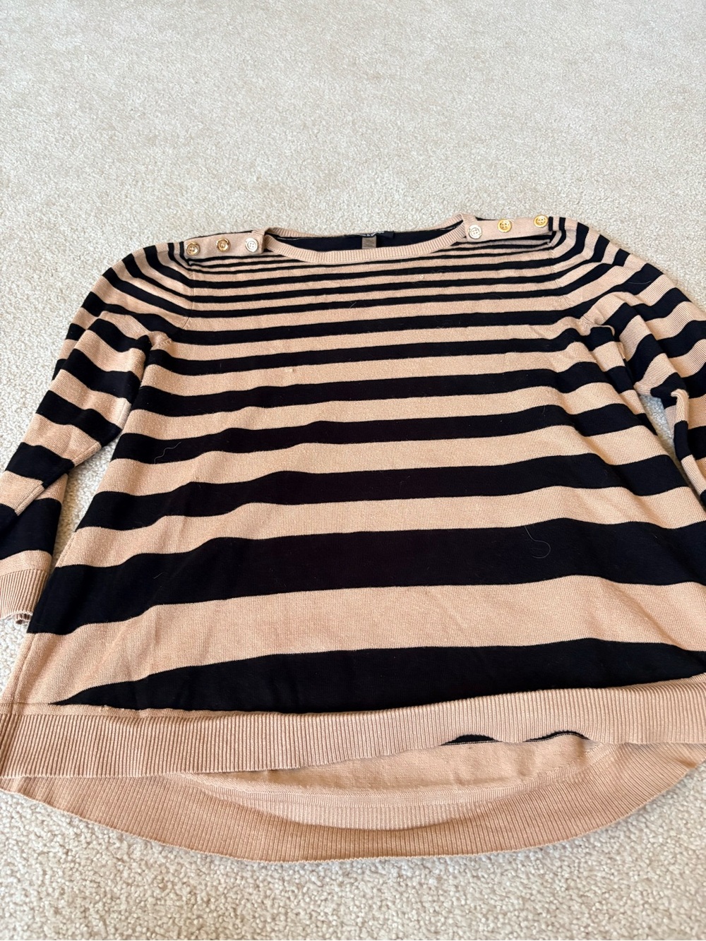 Cable & Gauge Black and Tan Striped Boatneck Sweater with Shoulder Buttons
